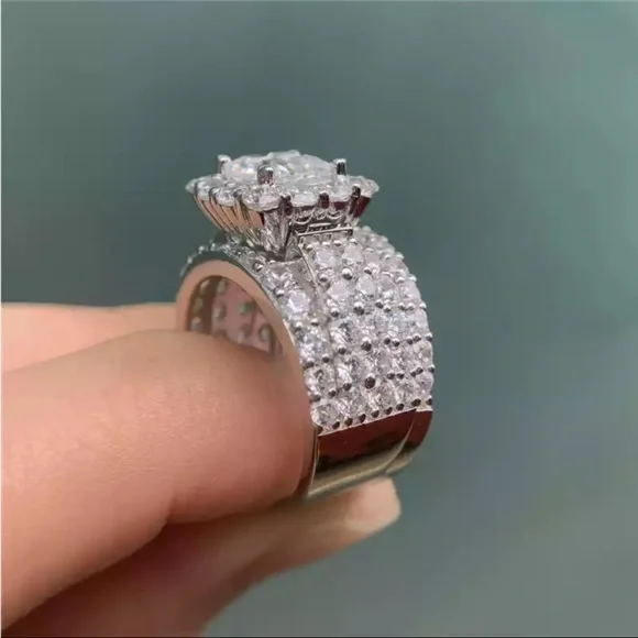 New 925 Silver 2 Pc Set Wedding Engagement Diamond Ring - Picture 2 of 6